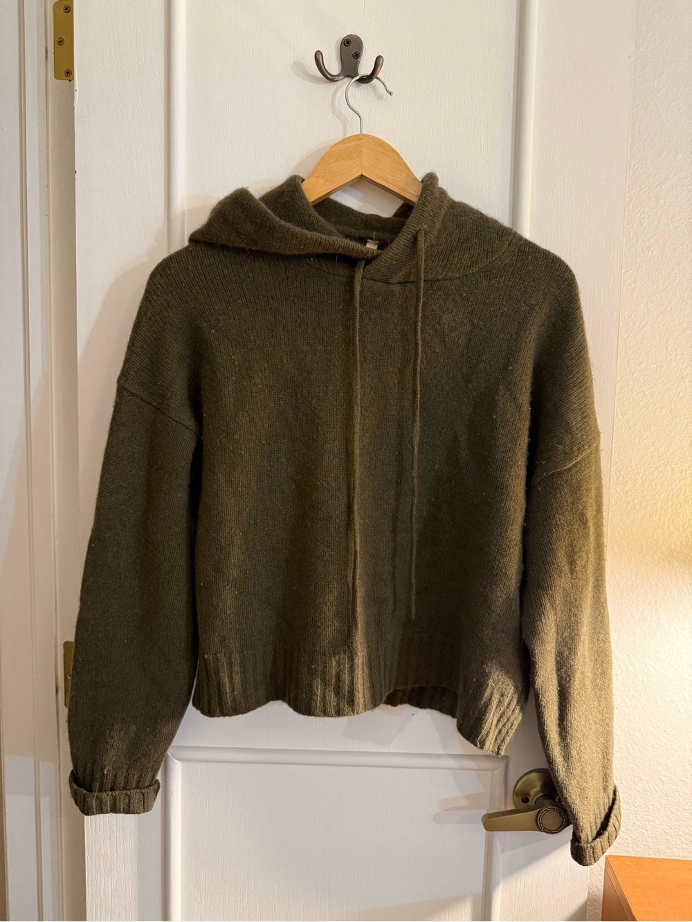 Olive Green Hooded Cashmere Knit Sweater